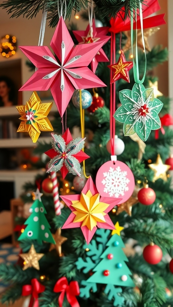 Colorful DIY Christmas decorations made by kids, hanging from a Christmas tree in a cozy living room.